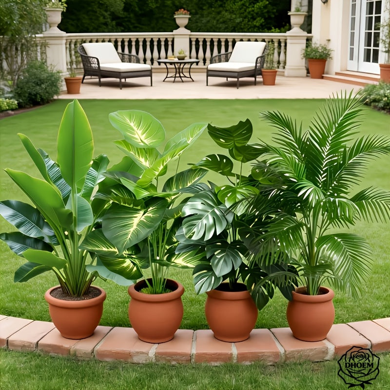 Large Nordic Artificial Potted Plants (Set of 4) – Tropical Broadleaf Trees for Indoor & Outdoor Decor