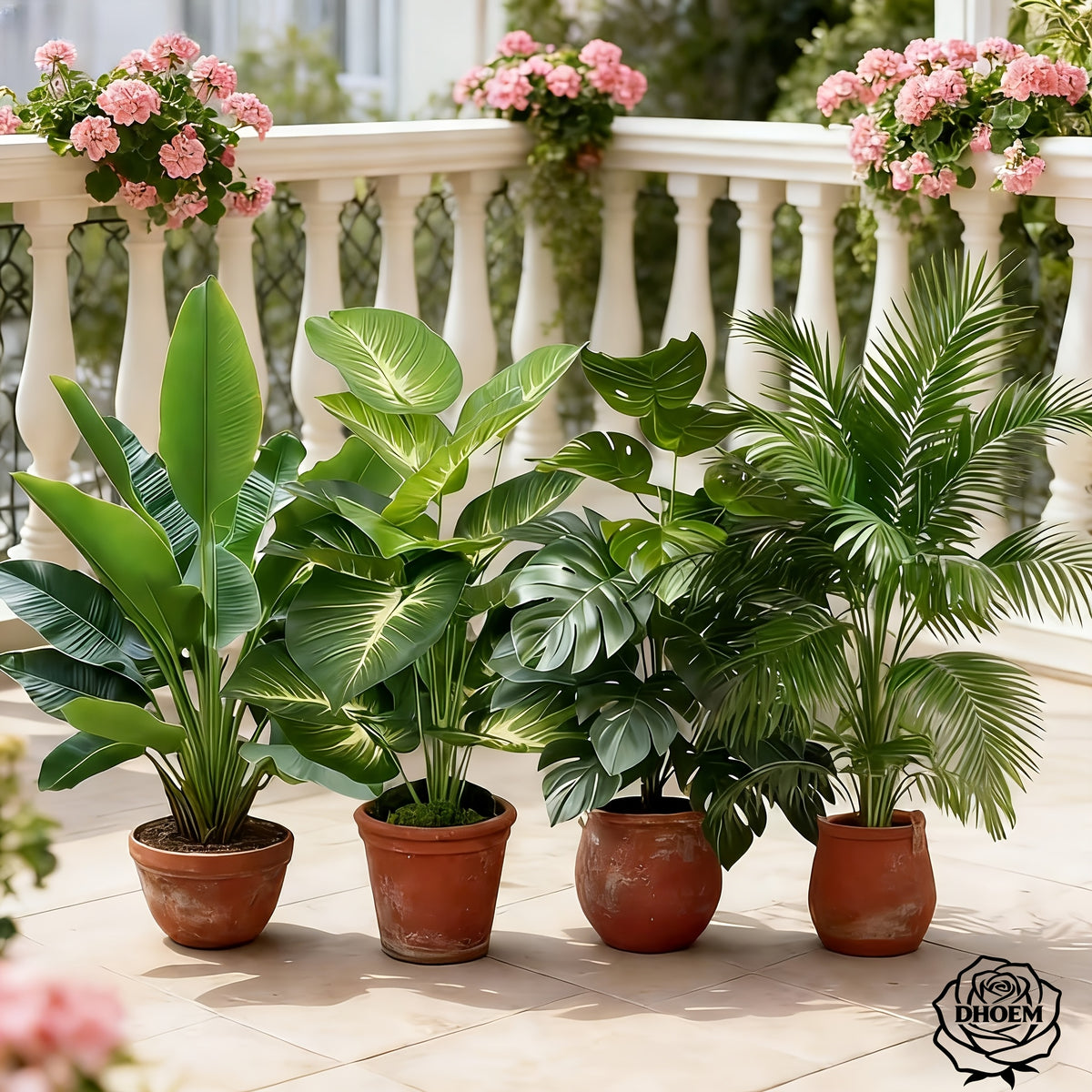 Large Nordic Artificial Potted Plants (Set of 4) – Tropical Broadleaf Trees for Indoor & Outdoor Decor