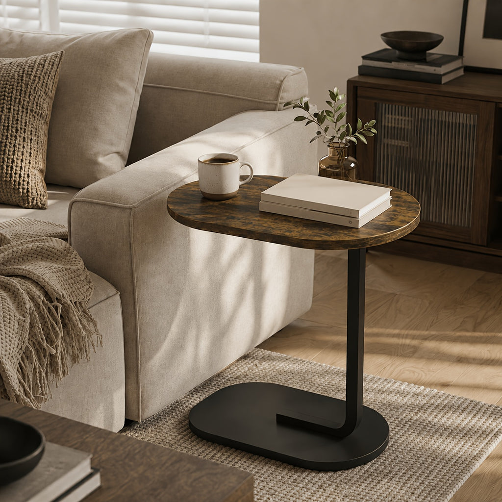 Sofa Side Table with Wooden Top & Metal Frame – Space-Saving Slide-Under Snack Table