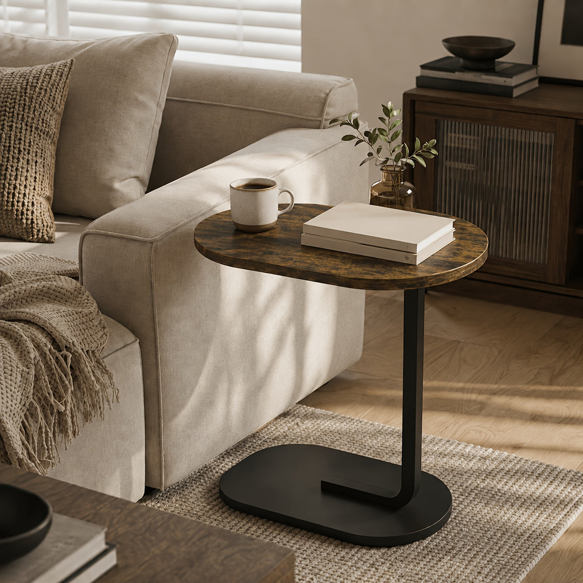Sofa Side Table with Wooden Top & Metal Frame – Space-Saving Slide-Under Snack Table