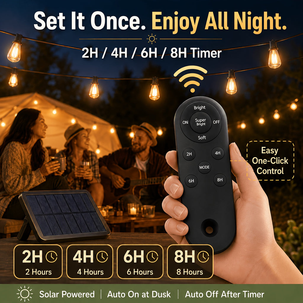 Solar String Lights with Remote – IP54 Waterproof Edison Bulbs for Patio, Garden & Camping (33–198 FT)