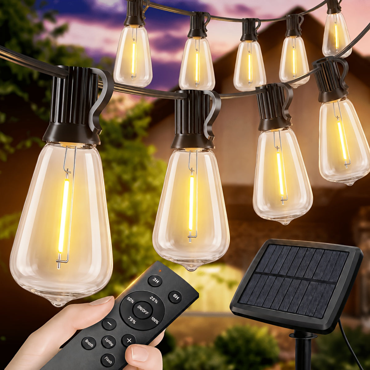 Solar String Lights with Remote – IP54 Waterproof Edison Bulbs for Patio, Garden & Camping (33–198 FT)
