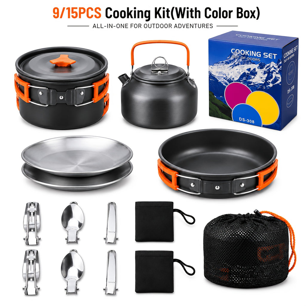 Camping Cookware Mess Kit – Non-Stick Lightweight Pot, Pan & Utensil Set for Camping & Backpacking (9 or 15 Piece)