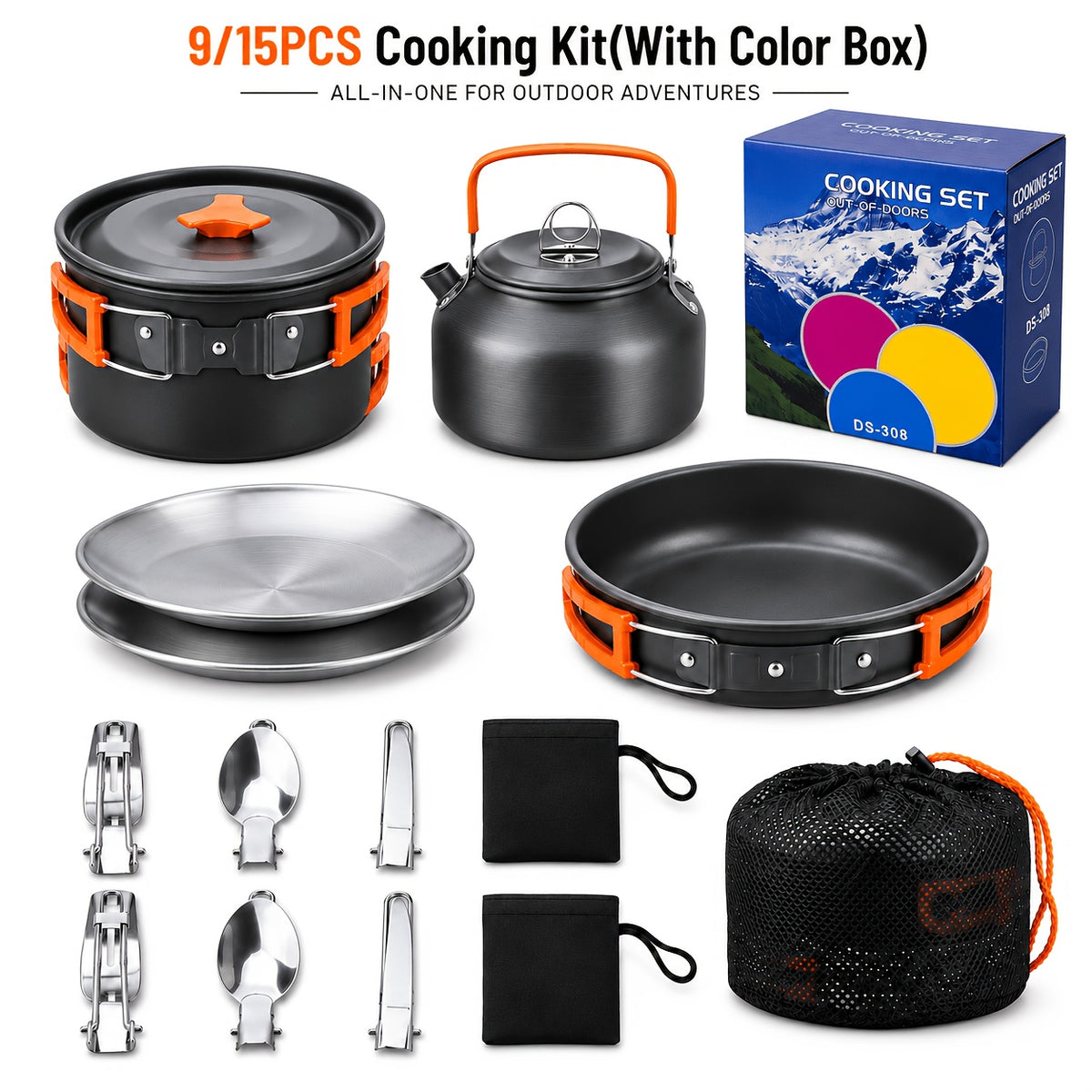 Camping Cookware Mess Kit – Non-Stick Lightweight Pot, Pan & Utensil Set for Camping & Backpacking (9 or 15 Piece)