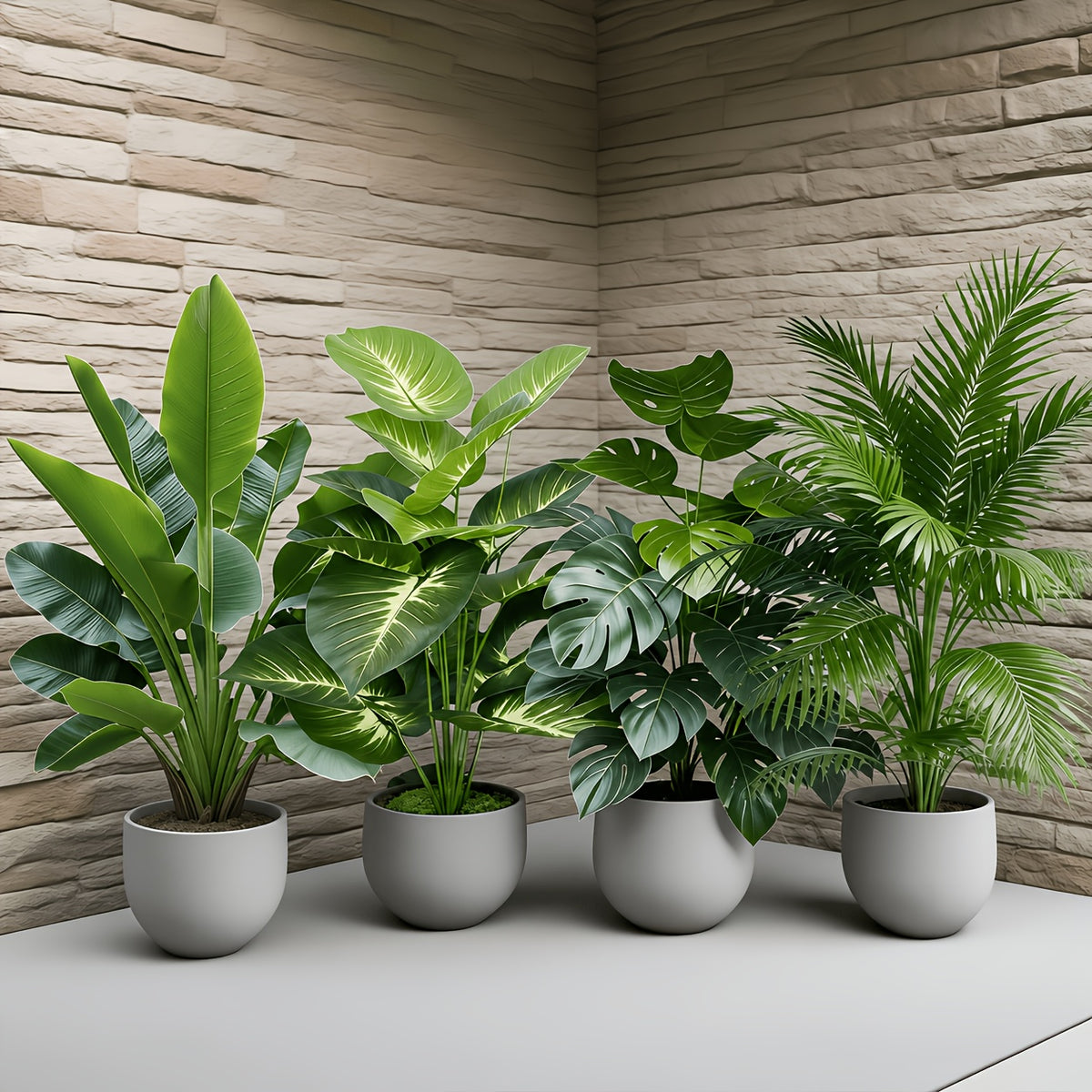 Large Nordic Artificial Potted Plants (Set of 4) – Tropical Broadleaf Trees for Indoor & Outdoor Decor